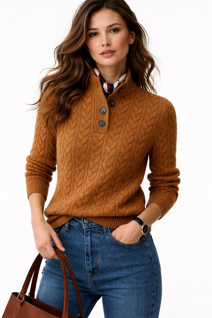 Cambridge | Womens Knit Button Mock Neck Cable Henley Pullover
