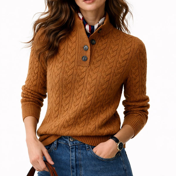 Cambridge | Womens Knit Button Mock Neck Cable Henley Pullover