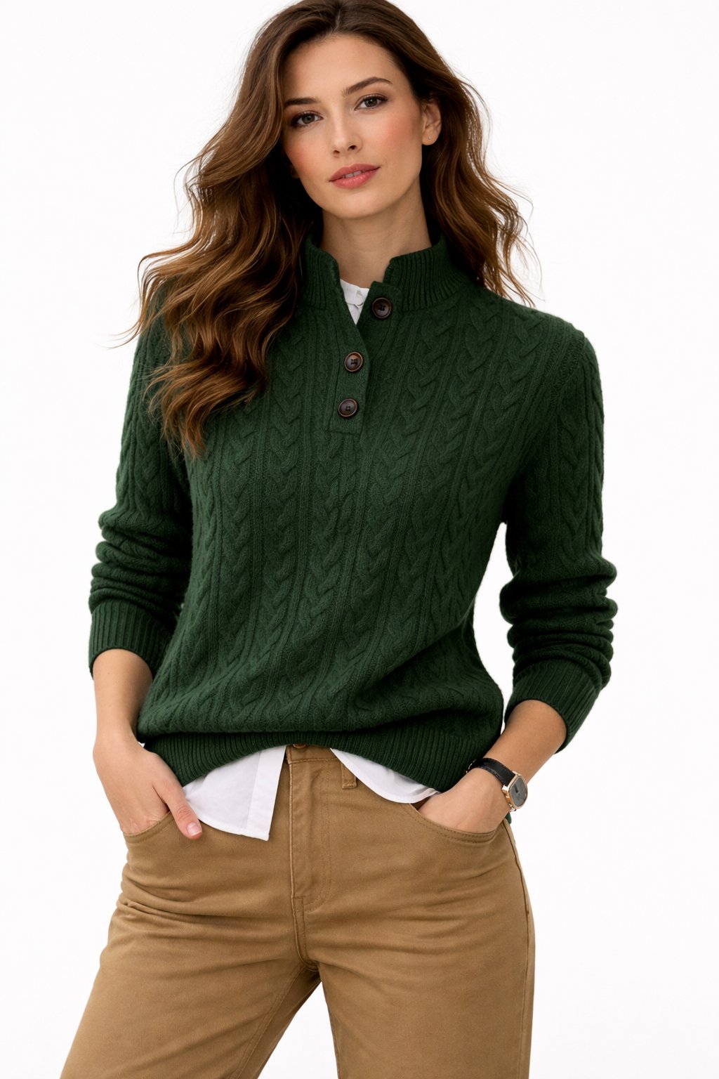 Cambridge | Womens Knit Button Mock Neck Cable Henley Pullover