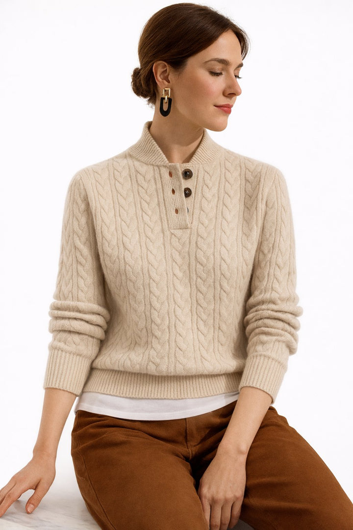 Cambridge | Womens Knit Button Mock Neck Cable Henley Pullover