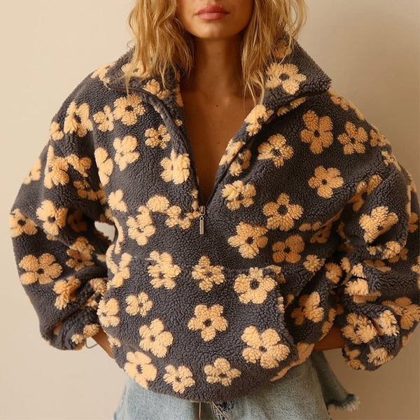 Clementine | Women's Floral Winter Sweater, Oversized Fleece Half Zip Winter Cozy Sweater