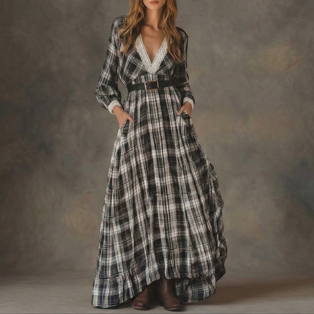 Women's Plaid Maxi Dress with Lace V-Neck Long Sleeve and Belt