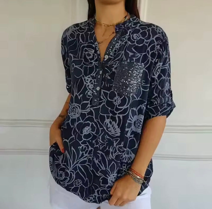 Callista | Floral Print Sequin Pocket Henley Blouse