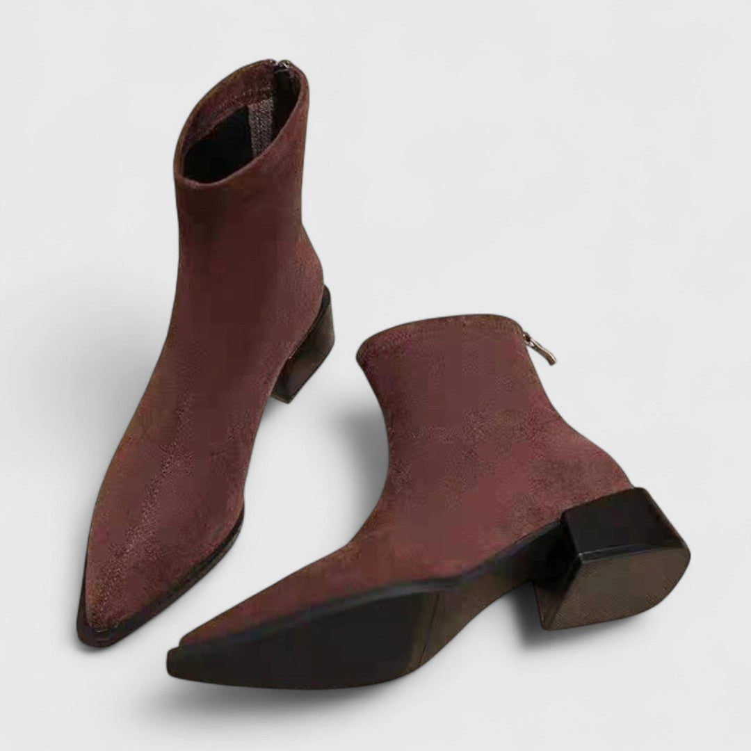 Women's Brown Suede Look Ankle Boots Pointed Toe Block Heel