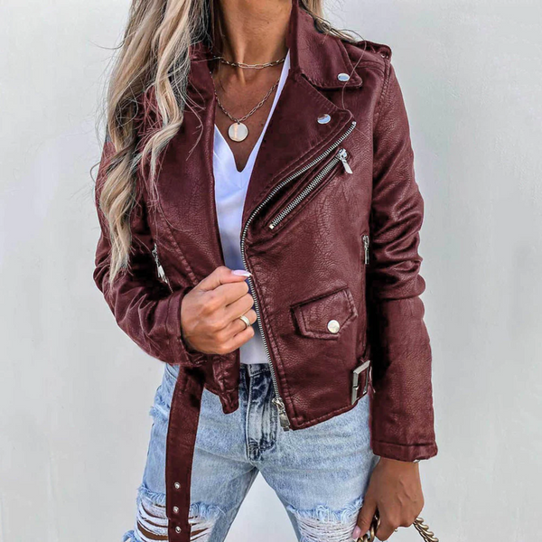 Merlot | Womens Streetwear Leather Textured Classic Biker Jacket