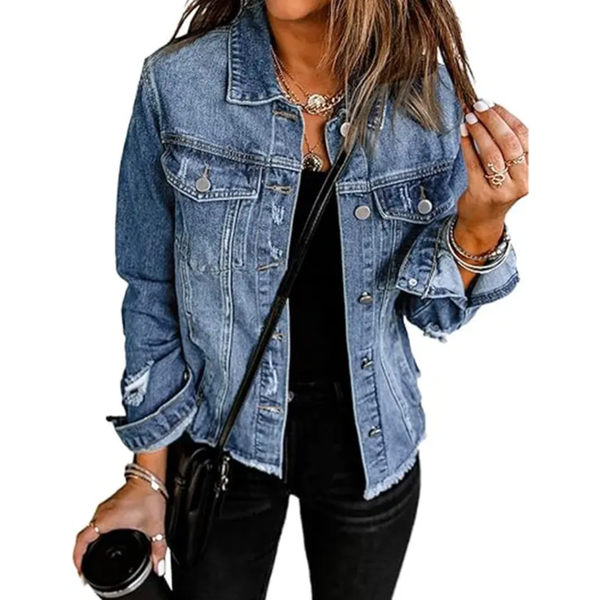 Sienna | Distressed Frayed Hem Classic Denim Jacket