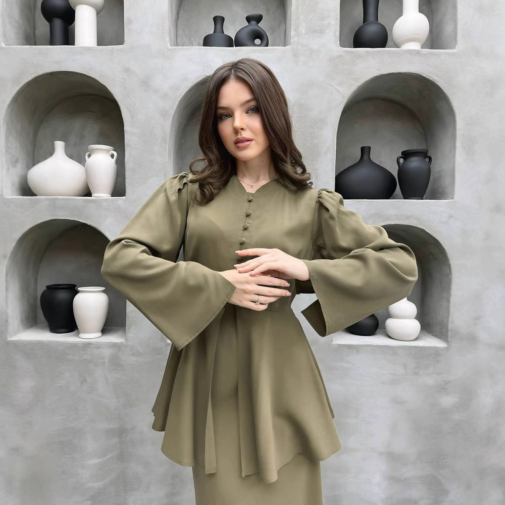 Aurelia | Button Front Peplum Top and Maxi Skirt Set