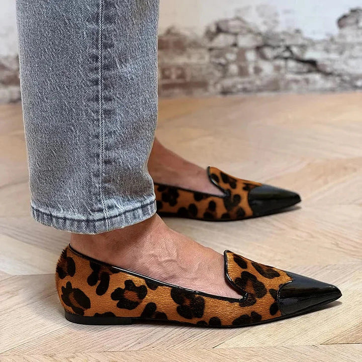 Valentina | Leopard Print Textured Pointed Toe Loafer Flats