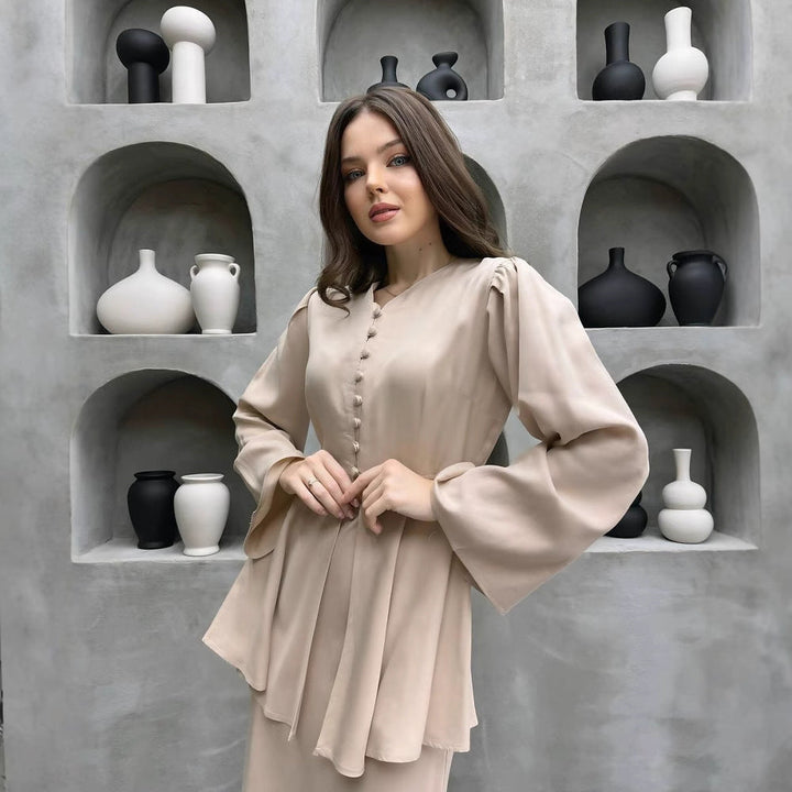 Aurelia | Button Front Peplum Top and Maxi Skirt Set