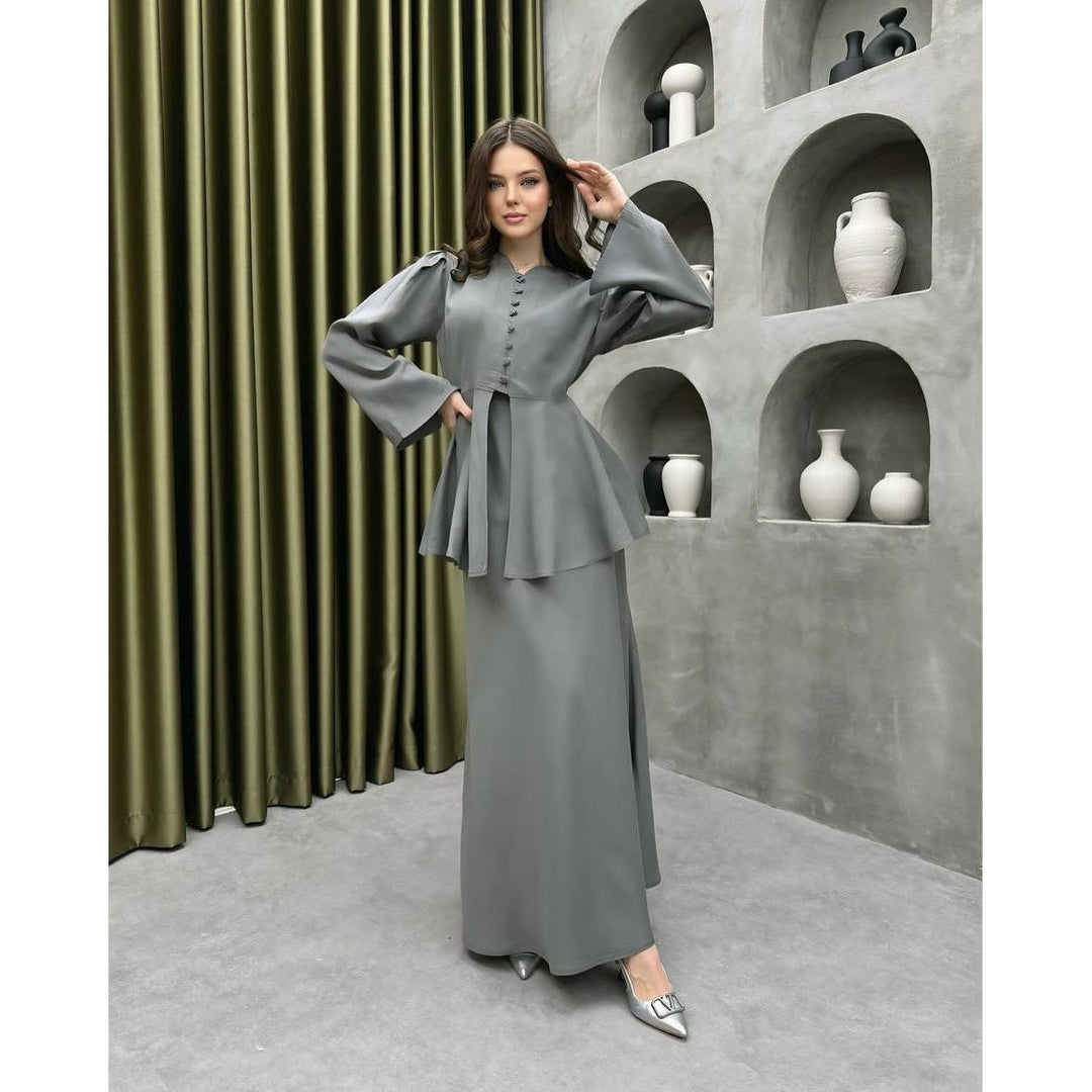 Aurelia | Button Front Peplum Top and Maxi Skirt Set