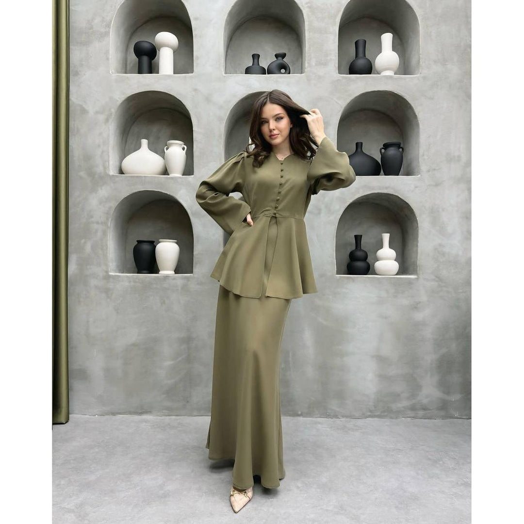 Aurelia | Button Front Peplum Top and Maxi Skirt Set