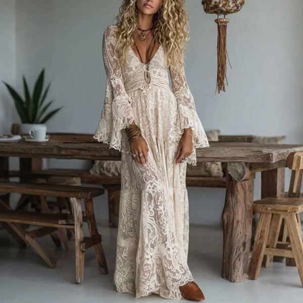 Evangeline | Plunging V Neck Tiered Scalloped Lace Resort Dress