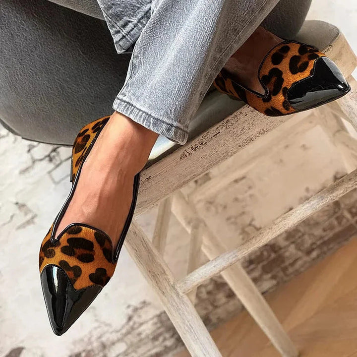 Valentina | Leopard Print Textured Pointed Toe Loafer Flats