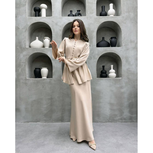 Aurelia | Button Front Peplum Top and Maxi Skirt Set