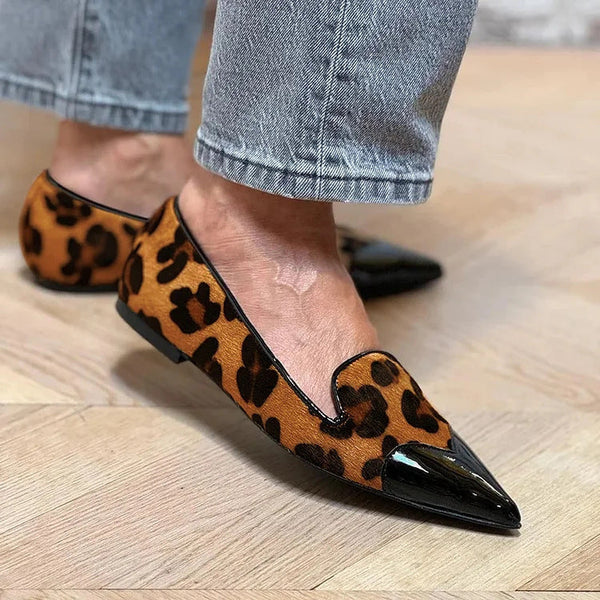 Valentina | Leopard Print Textured Pointed Toe Loafer Flats