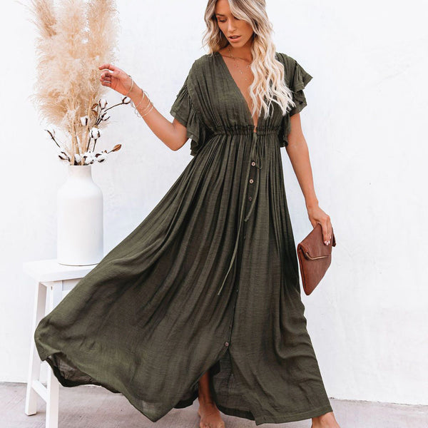 Aurelia | Button Front V Neck Boho Maxi Dress