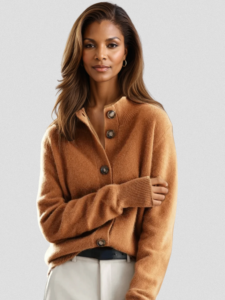 Sofia | Textured Mock Neck Tortoiseshell Button Cardigan