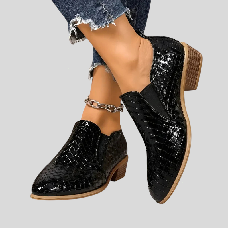 Women's Black Ankle Boots Woven Block Heel Slip On Pointed Toe