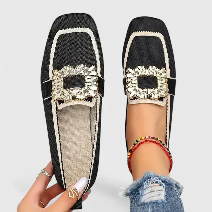 Gemma | Square Toe Woven Slip On Rhinestone Loafers