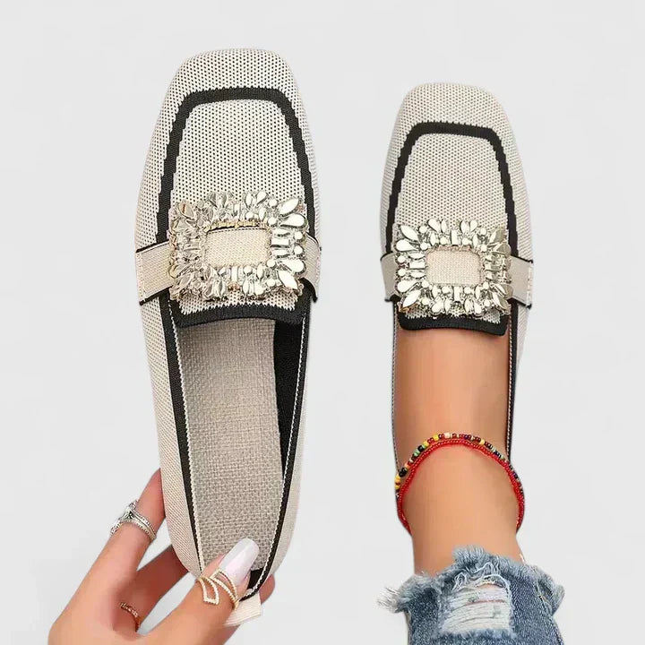 Gemma | Square Toe Woven Slip On Rhinestone Loafers