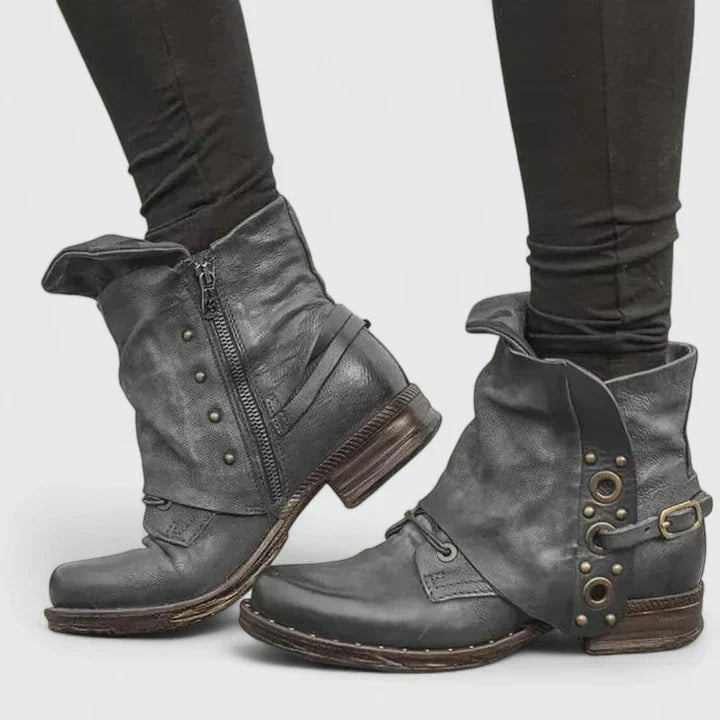 Roxie | Vintage Buckled Grommet Leather Comfort Ankle Boots