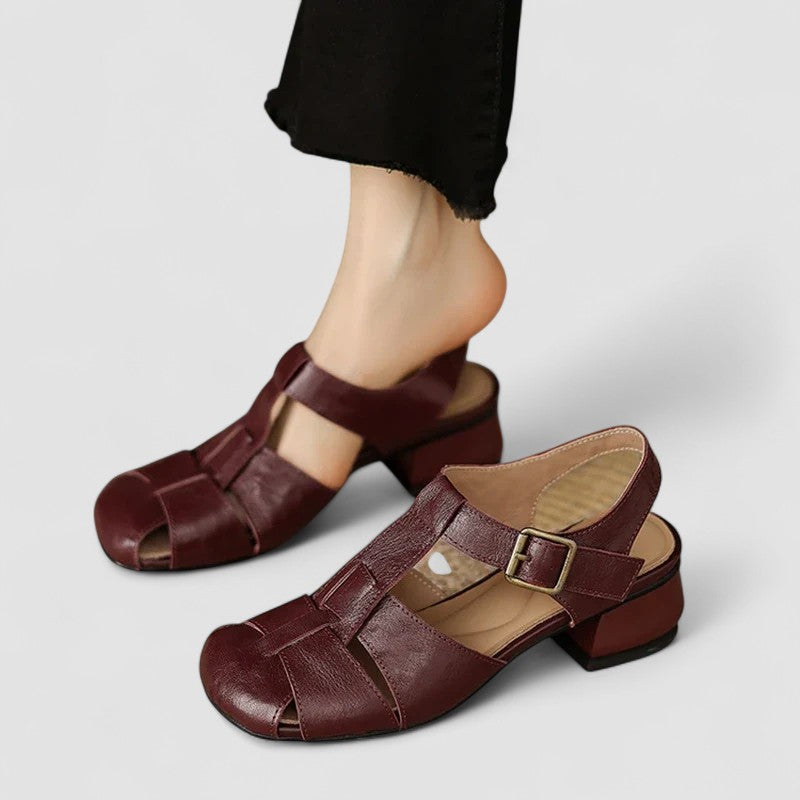 Women's Cutout Block Heel Sandals with Ankle Strap Closed Toe