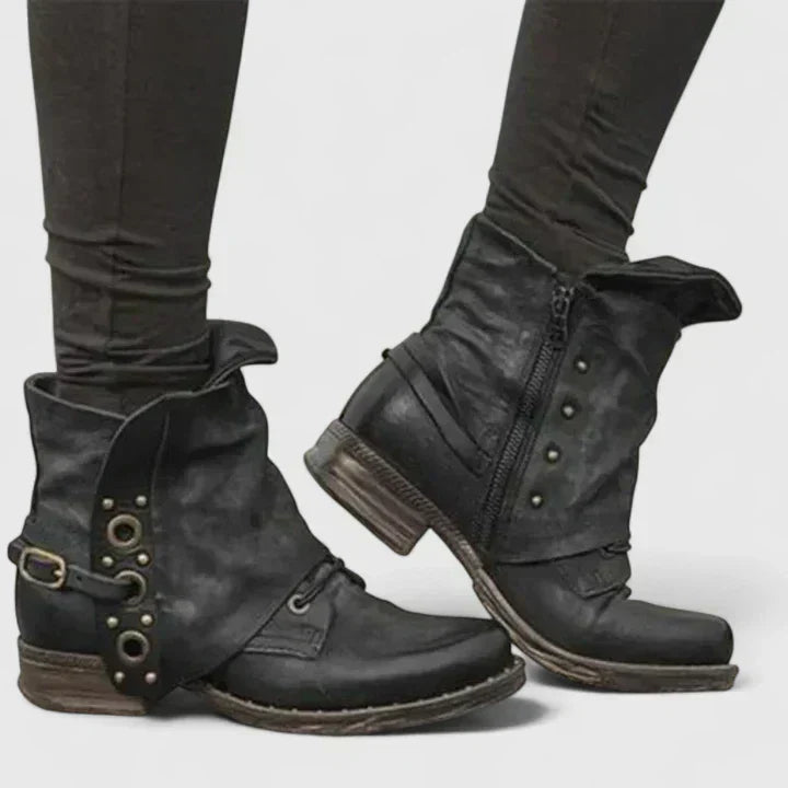 Roxie | Vintage Buckled Grommet Leather Comfort Ankle Boots