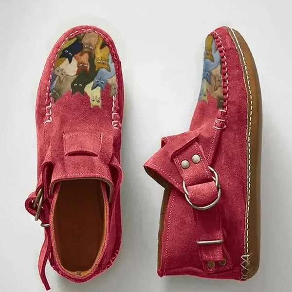 Willow | Women's Moccasin Flat Shoes, Whimsical Graphic Faux Suede Buckle Holiday Flats