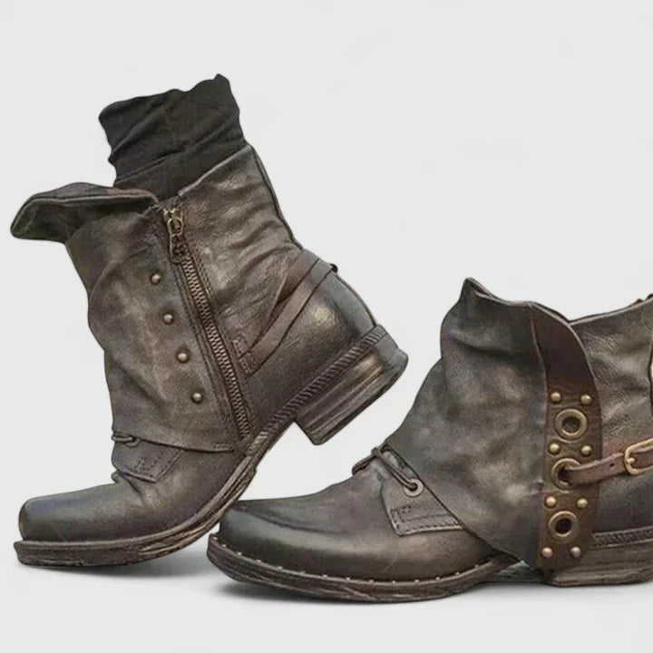 Roxie | Vintage Buckled Grommet Leather Comfort Ankle Boots