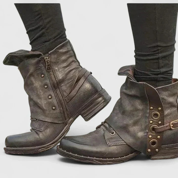 Roxie | Vintage Buckled Grommet Leather Comfort Ankle Boots