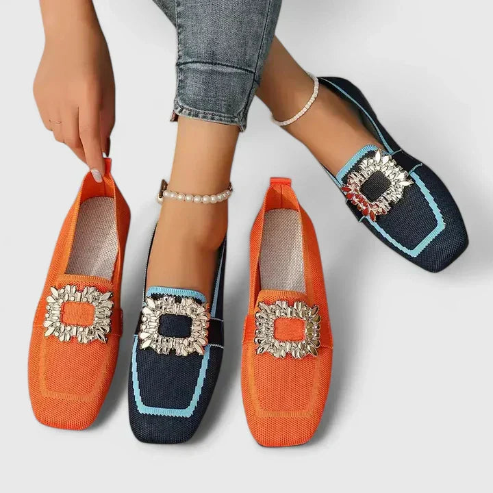 Gemma | Square Toe Woven Slip On Rhinestone Loafers