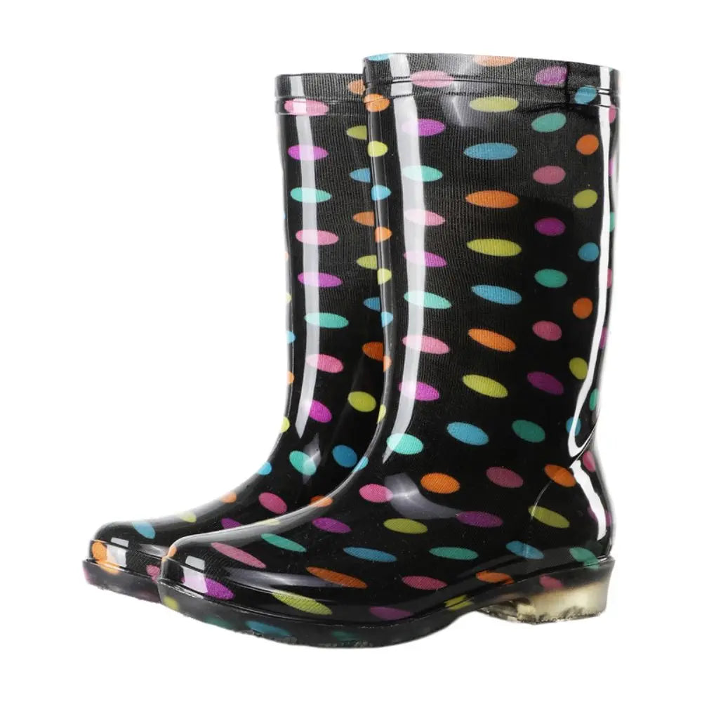 Women's Rain Boots Waterproof Tall Black Polka Dot Anti-Slip