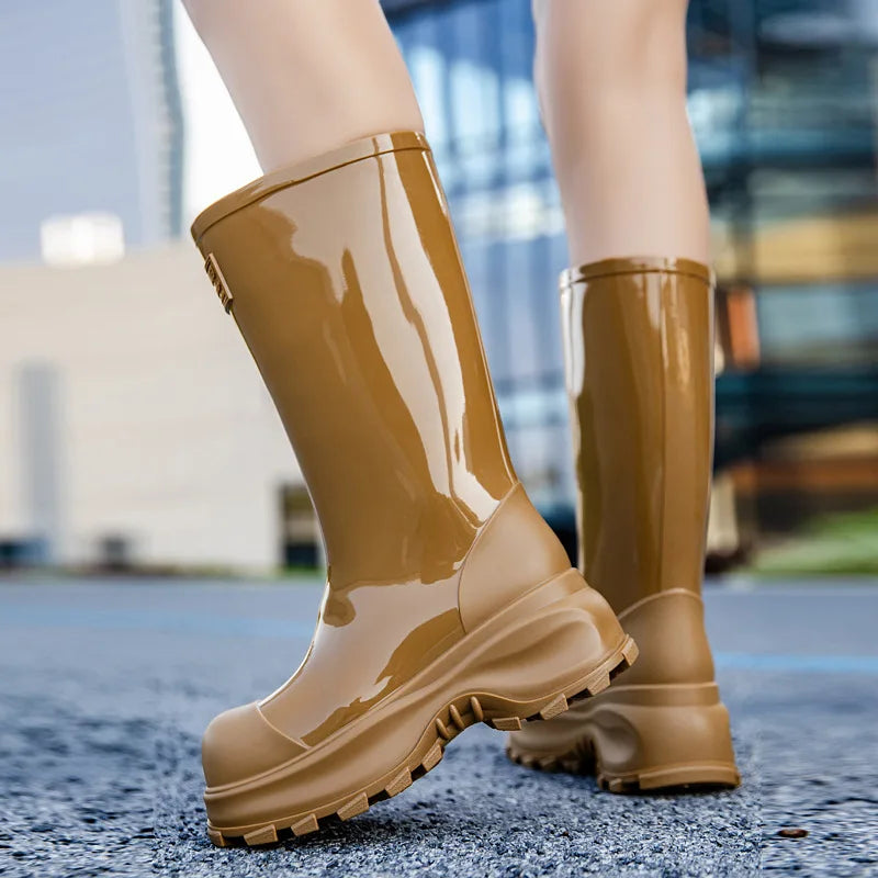 Women's Platform Rain Boots Waterproof Mid Calf Chunky Sole in Camel