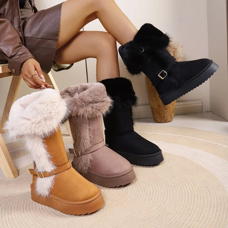 Women's Mid Calf Boots Platform Faux Fur Trim Suede Look in Camel
