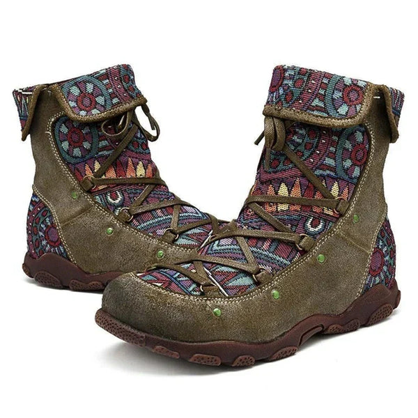 Avalon | Women's Lace Up Boots, Bohemian Woven Distressed Leatherette Winter Booties