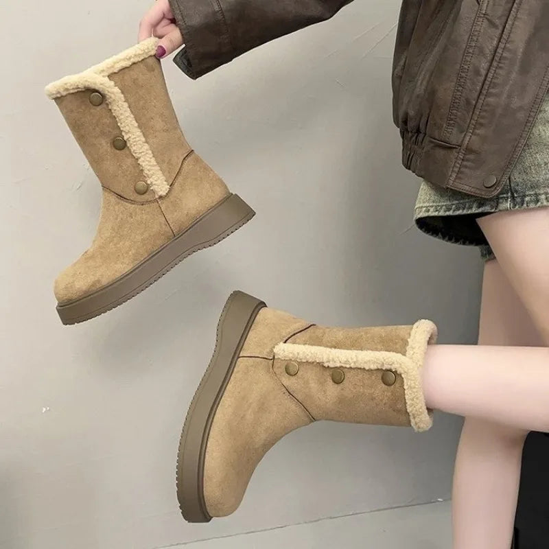 Women's Winter Boots Mid Calf Camel with Fleece Trim and Platform Sole