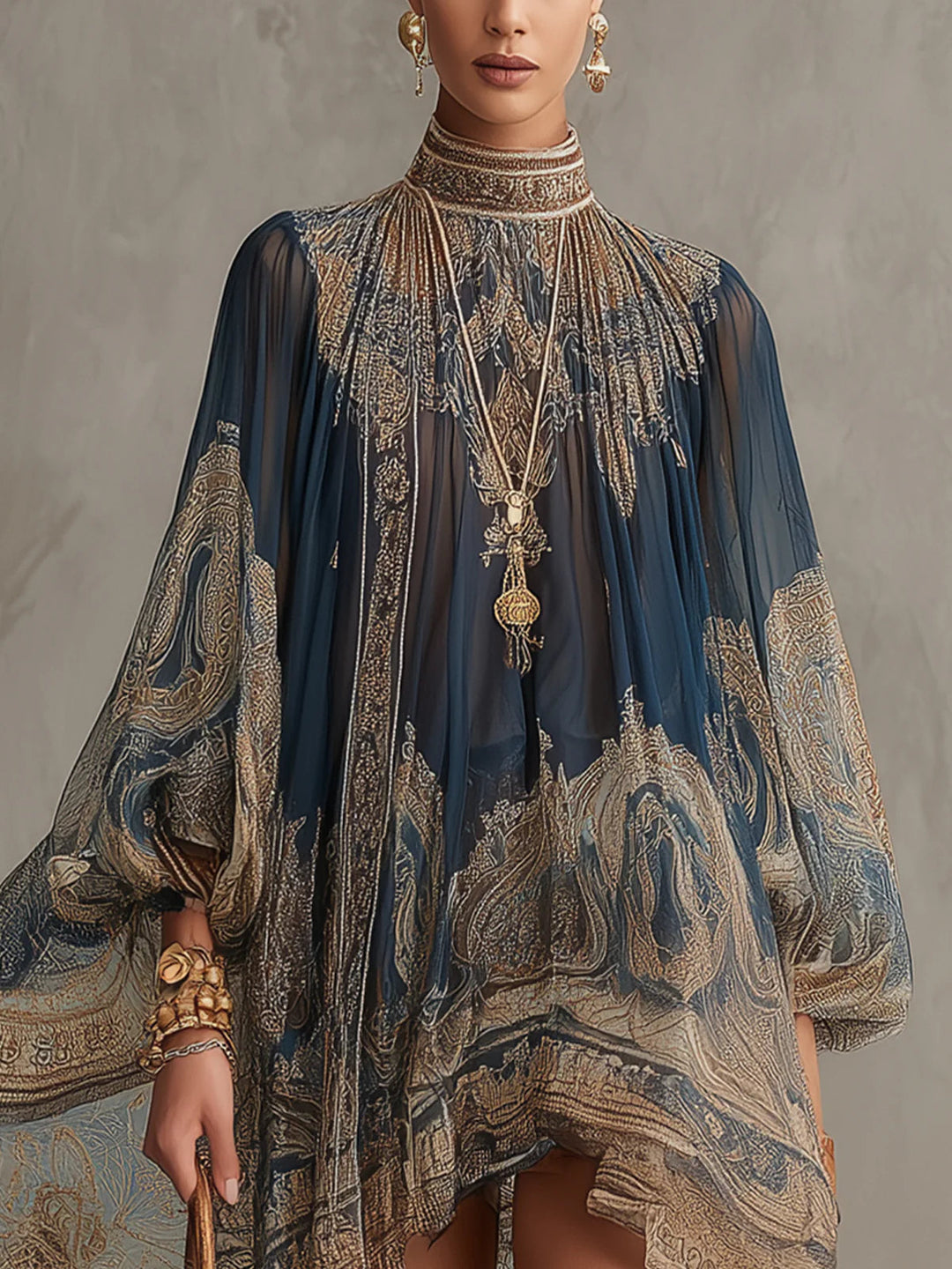 Aurelia | Boho Baroque Print Chiffon Cape Sleeve Occasion Wear Dress