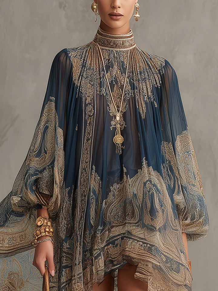 Aurelia | Boho Baroque Print Chiffon Cape Sleeve Occasion Wear Dress