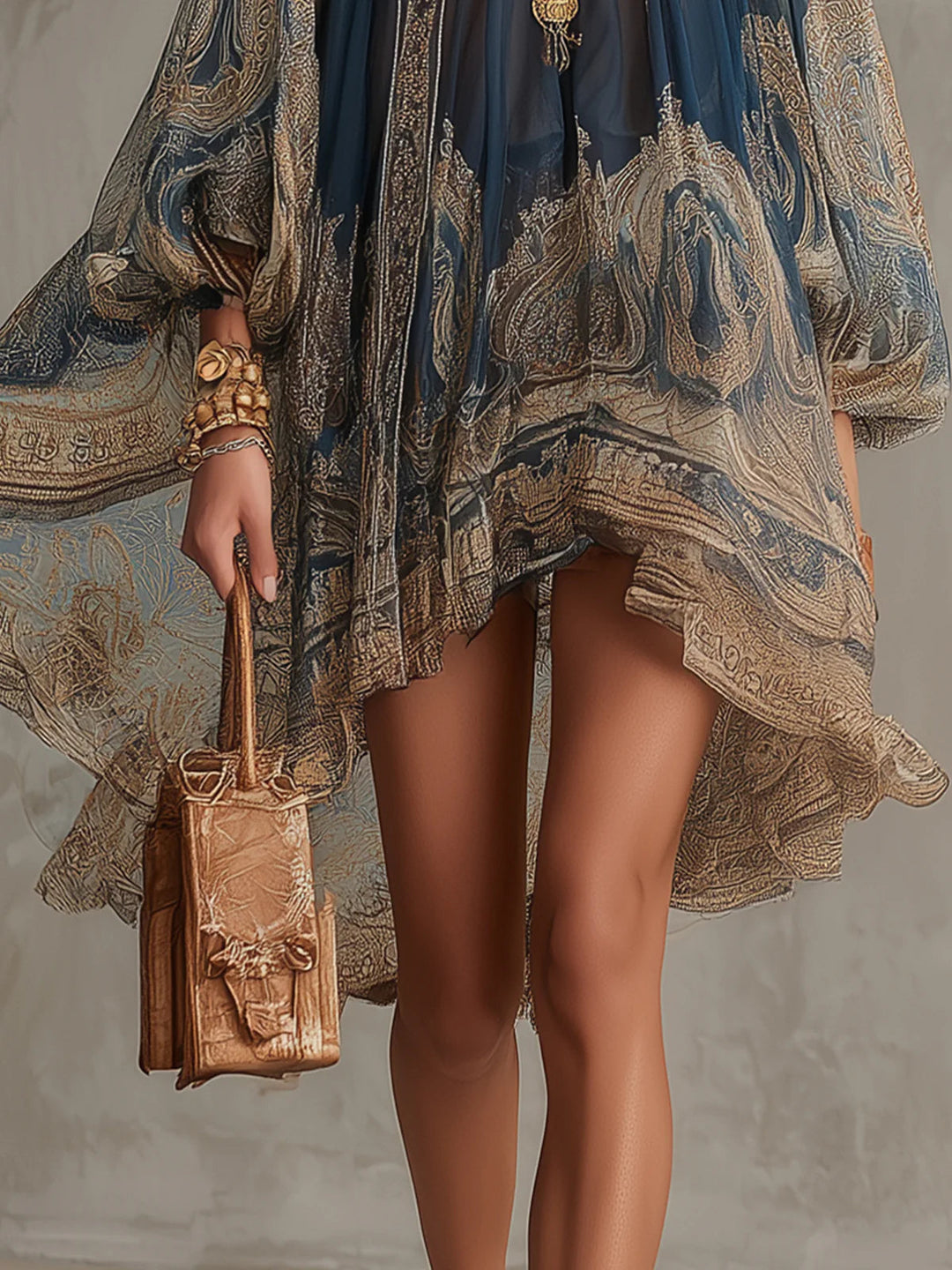 Aurelia | Boho Baroque Print Chiffon Cape Sleeve Occasion Wear Dress