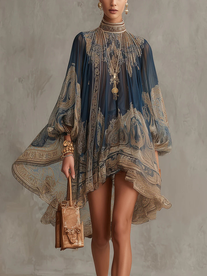 Aurelia | Boho Baroque Print Chiffon Cape Sleeve Occasion Wear Dress