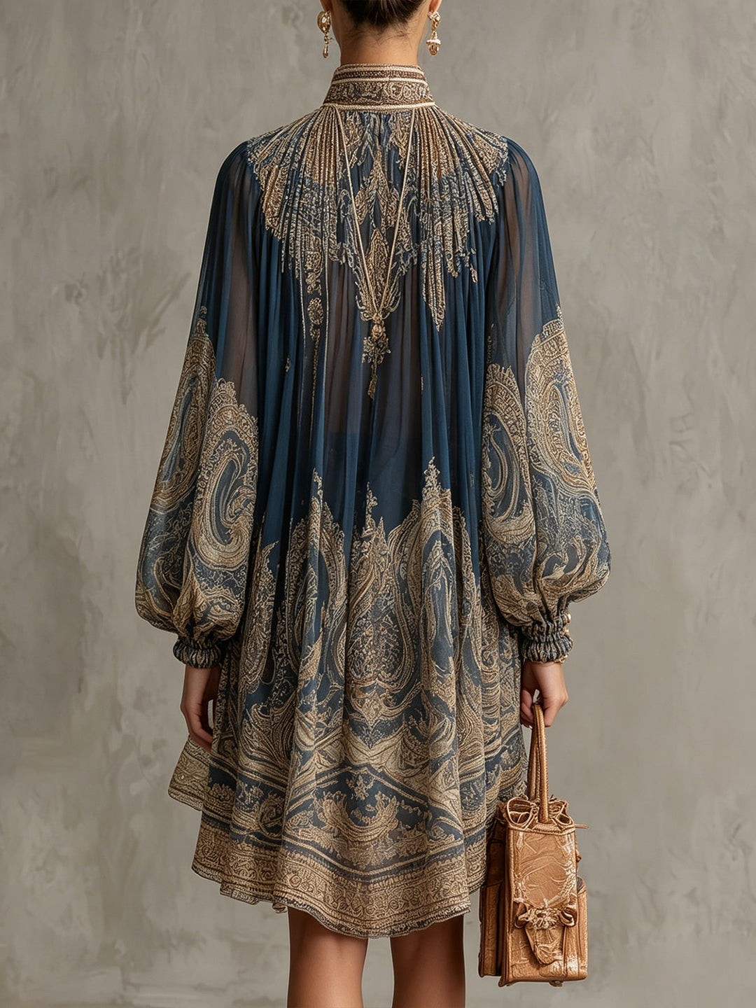 Aurelia | Boho Baroque Print Chiffon Cape Sleeve Occasion Wear Dress