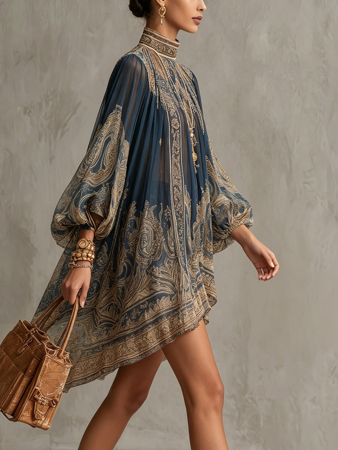 Aurelia | Boho Baroque Print Chiffon Cape Sleeve Occasion Wear Dress