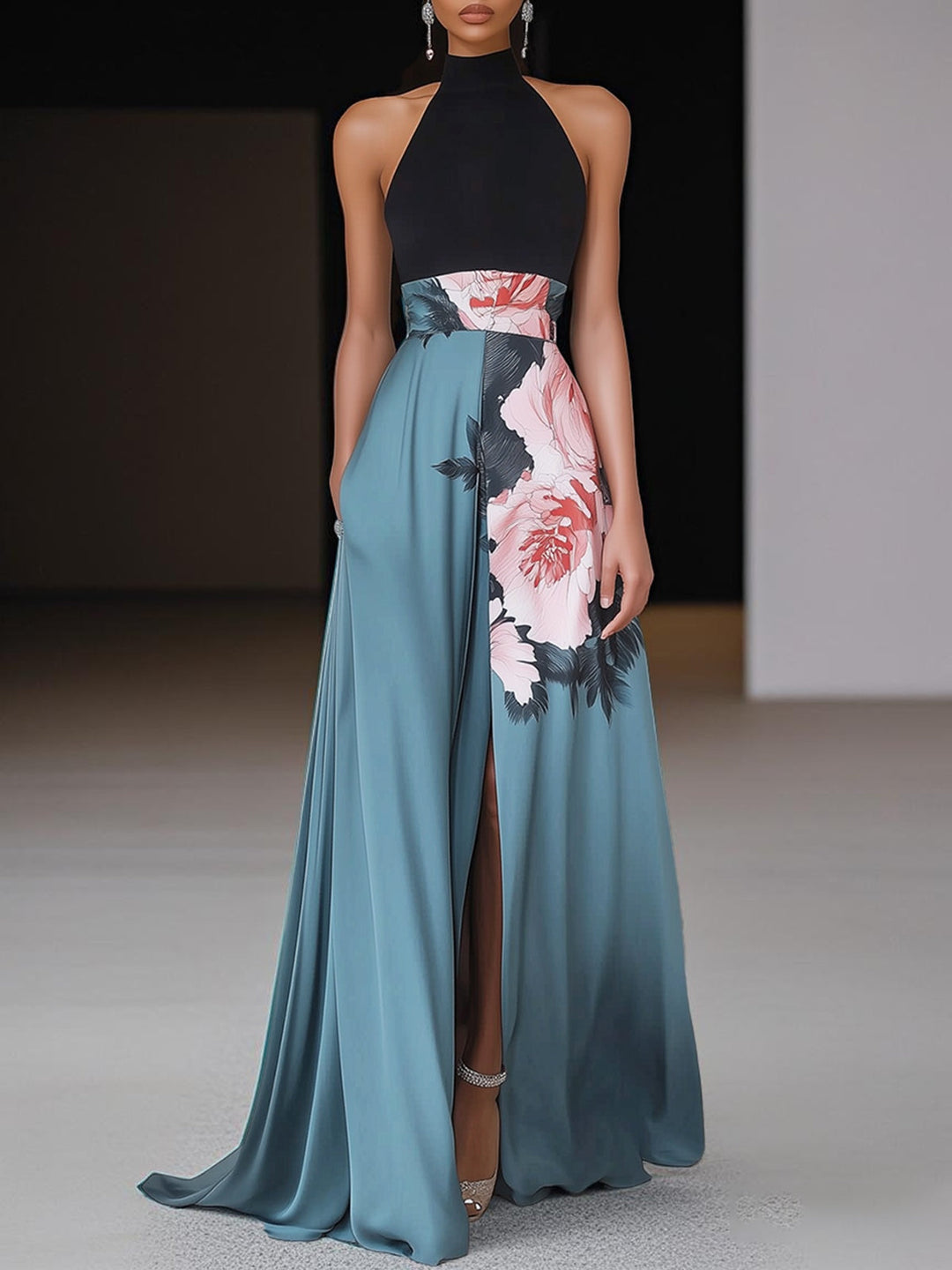 Dahlia | Halter Neck Sleeveless Summer Floral A Line Maxi Dress
