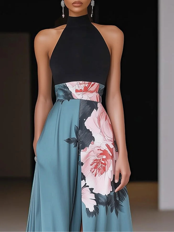 Dahlia | Halter Neck Sleeveless Summer Floral A Line Maxi Dress