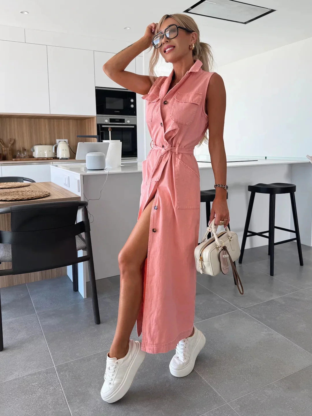 Celine | Button Down Tie Waist Denim Shirt Dress