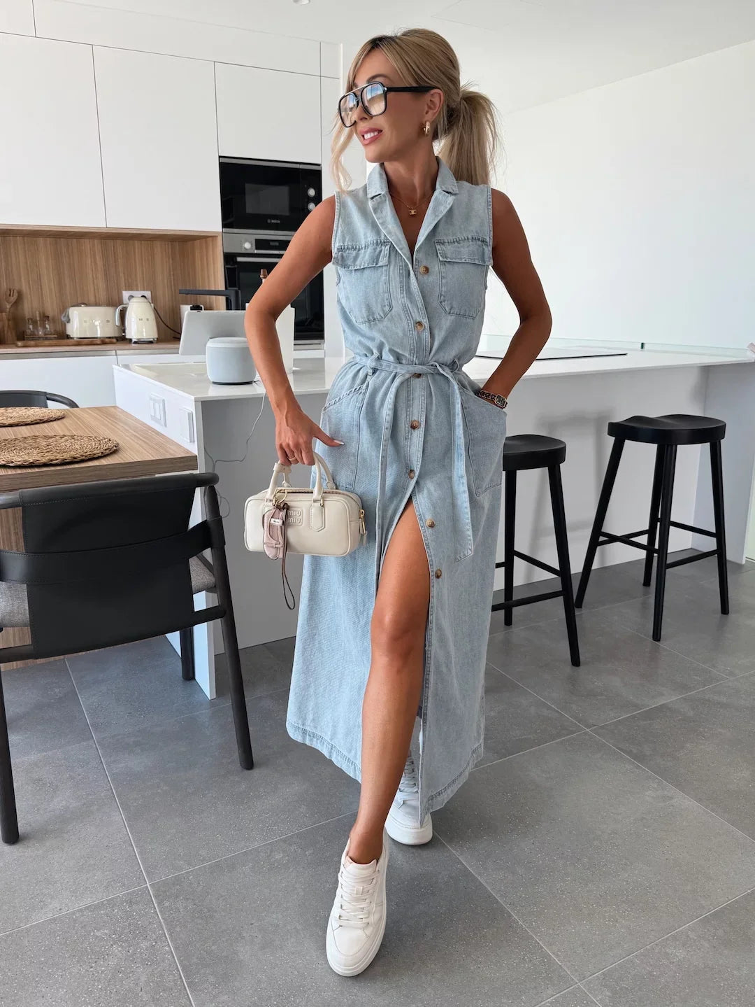 Celine | Button Down Tie Waist Denim Shirt Dress