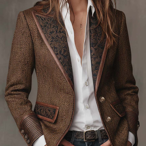 Savile | Womens Herringbone Leather Trimmed Printed Panels Tweed Blazer