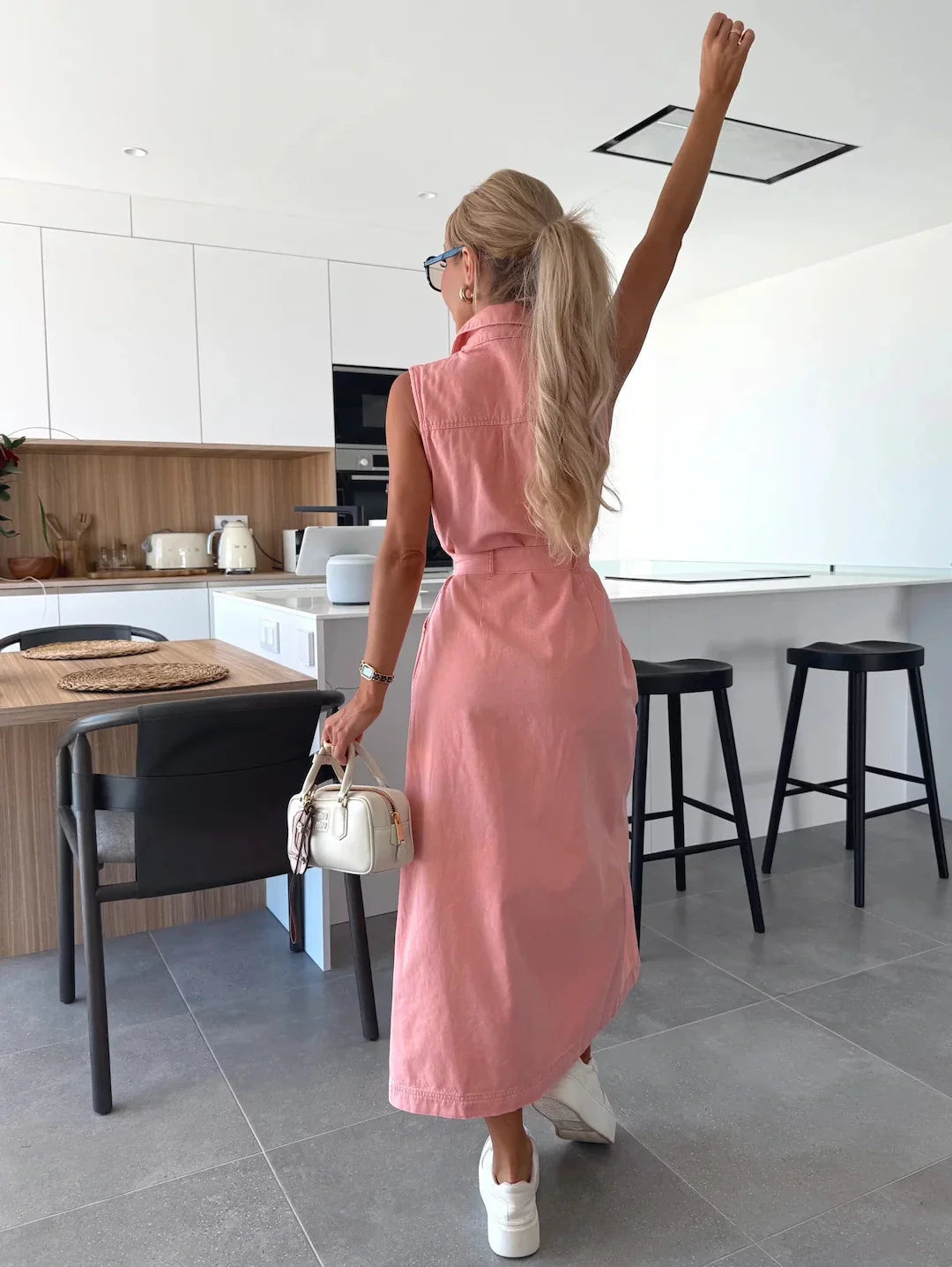 Celine | Button Down Tie Waist Denim Shirt Dress