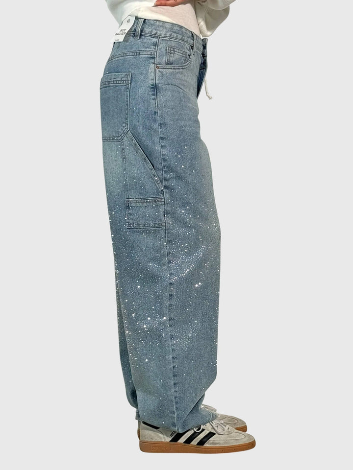 Stardust | Hot Fix Rhinestone Relaxed Baggy Wide Leg Cargo Jeans