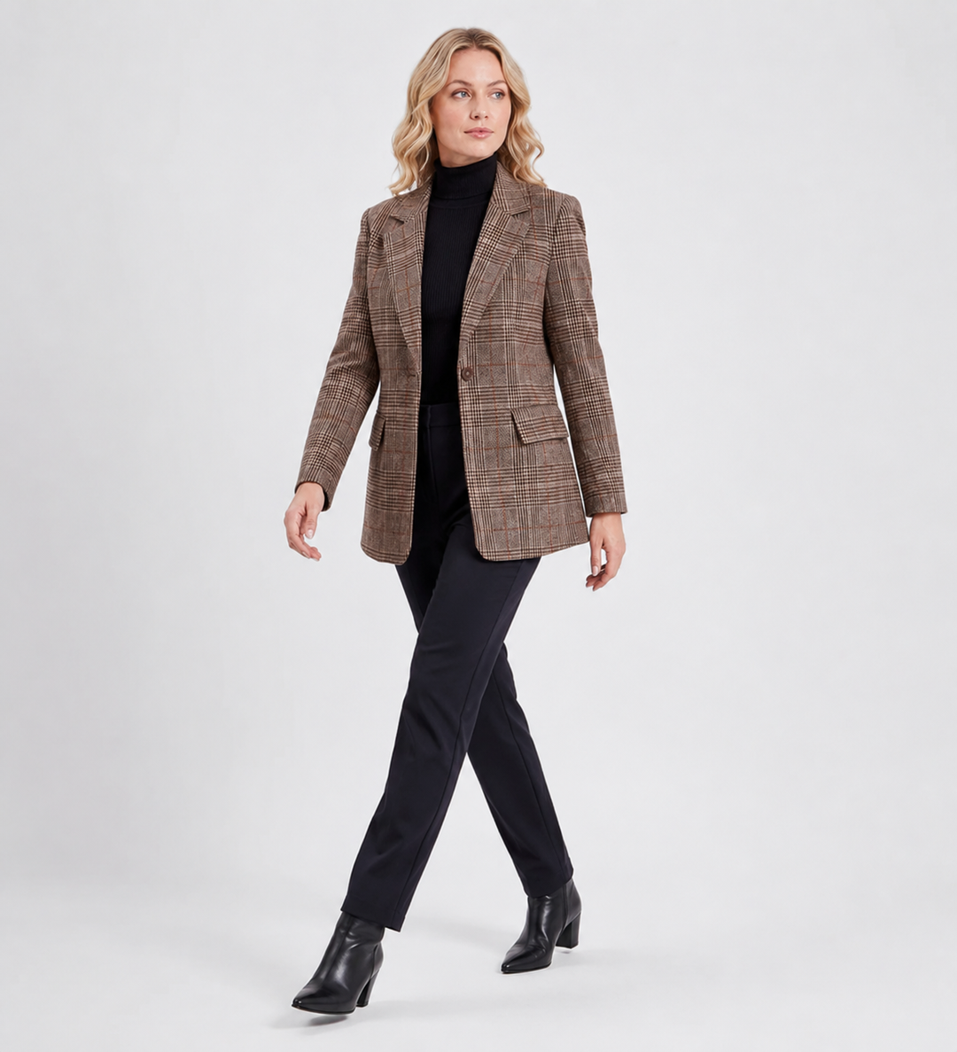 Chamonix | Womens Checked Plaid Blazer, Single Breasted Woven Autumn Longline Jacket - Brown